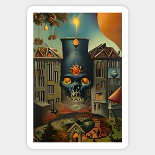 Surrealist painting like digital art of a Skull Cauldron and a village in abstract style Sticker